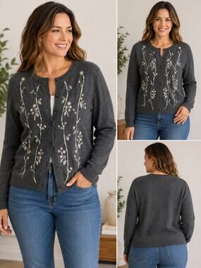 Crazy Horse Liz Claiborne Women’s M  Floral Embroidered Button Cardigan Sweater
